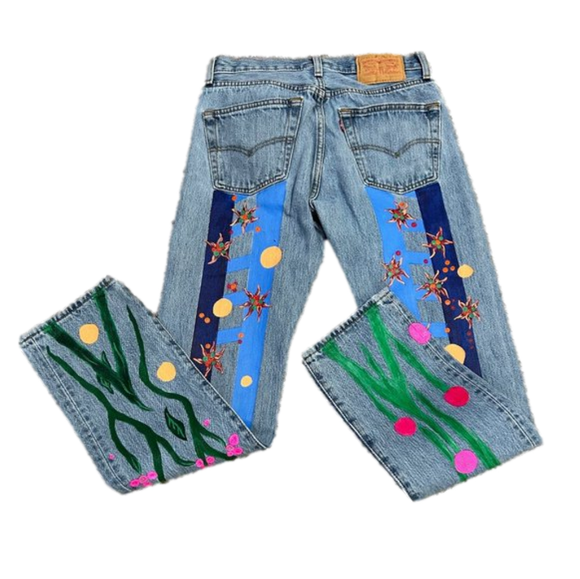 Levi's Denim - Button Fly 501 Levi's Hand Painted Super Funky Jeans 28X32
